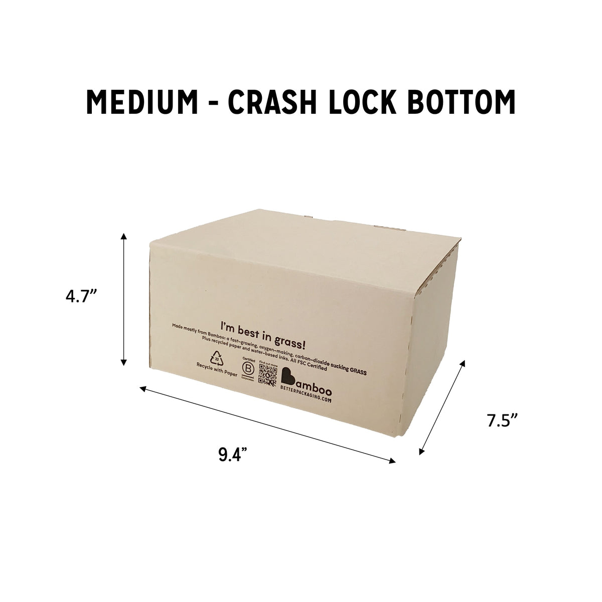 Medium sized crash lock Better Packaging bamboo box. 4.7" high, 9.4" wide, 7.5" deep