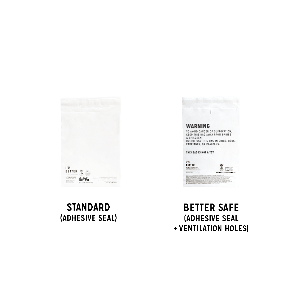 Diagram comparing three Better Packaging compostable poly garment bag with different seals and safety messaging