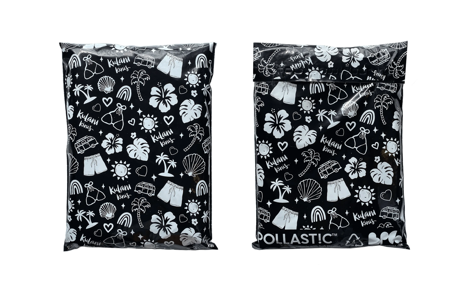 Two black packaging bags with white patterns on a white background