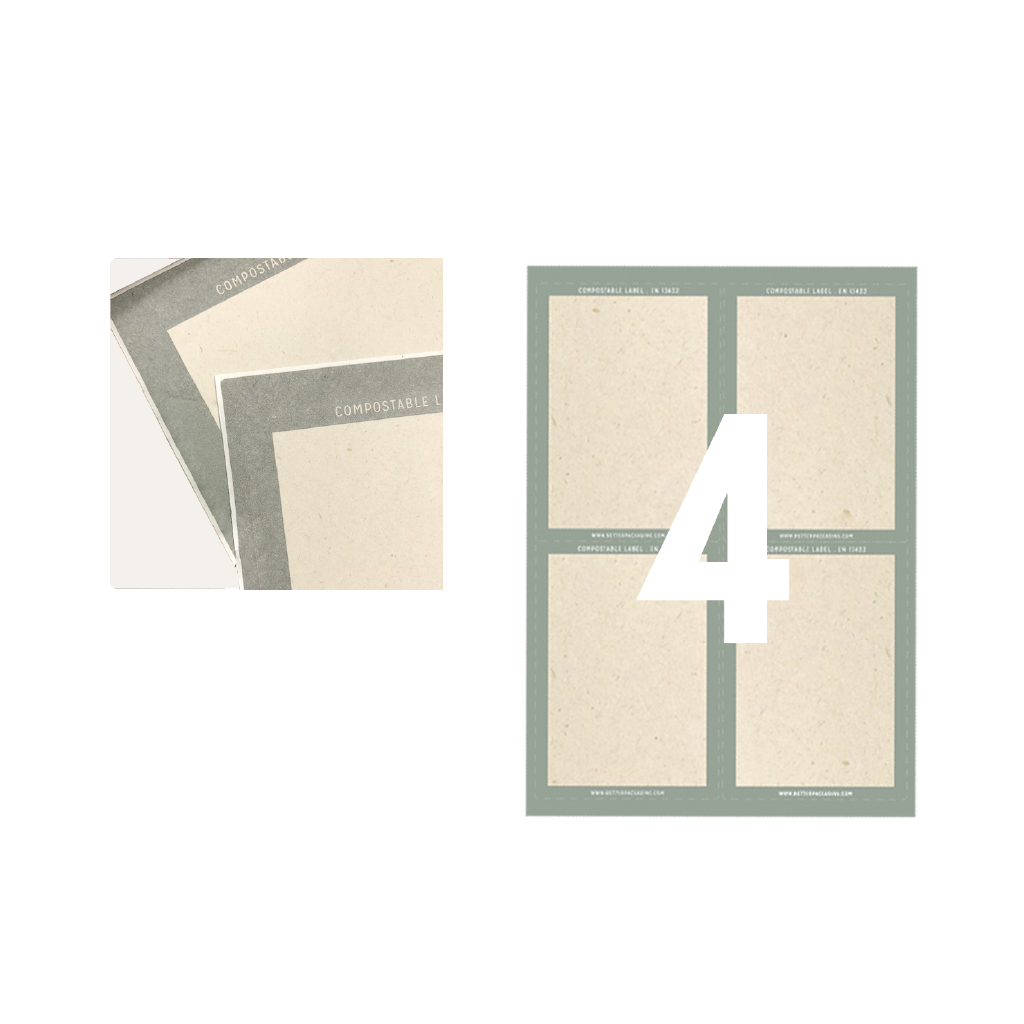 Better Packaging A4 sized compostable labels, 4 rectangular labels with a green border per sheet. On a transparent background