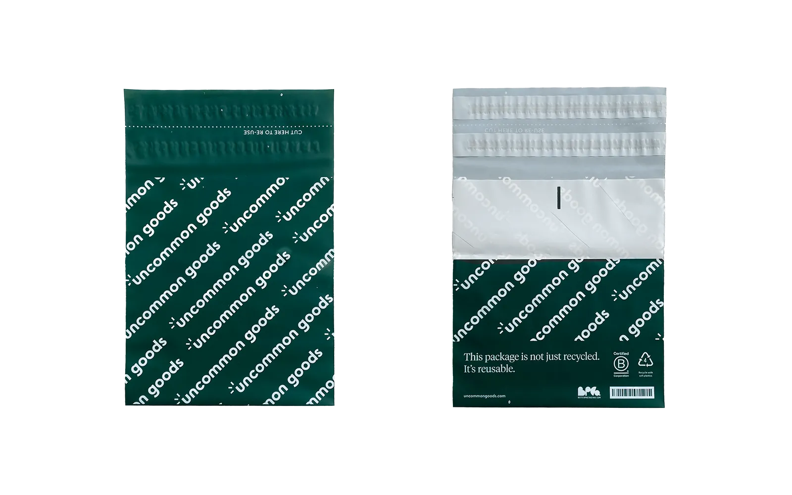 Two green packaging bags with 'uncommon goods' branding on a white background