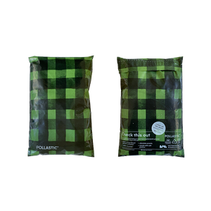 Front and back of green plaid printed Better Packaging POLLAST!C mailers on a transparent background