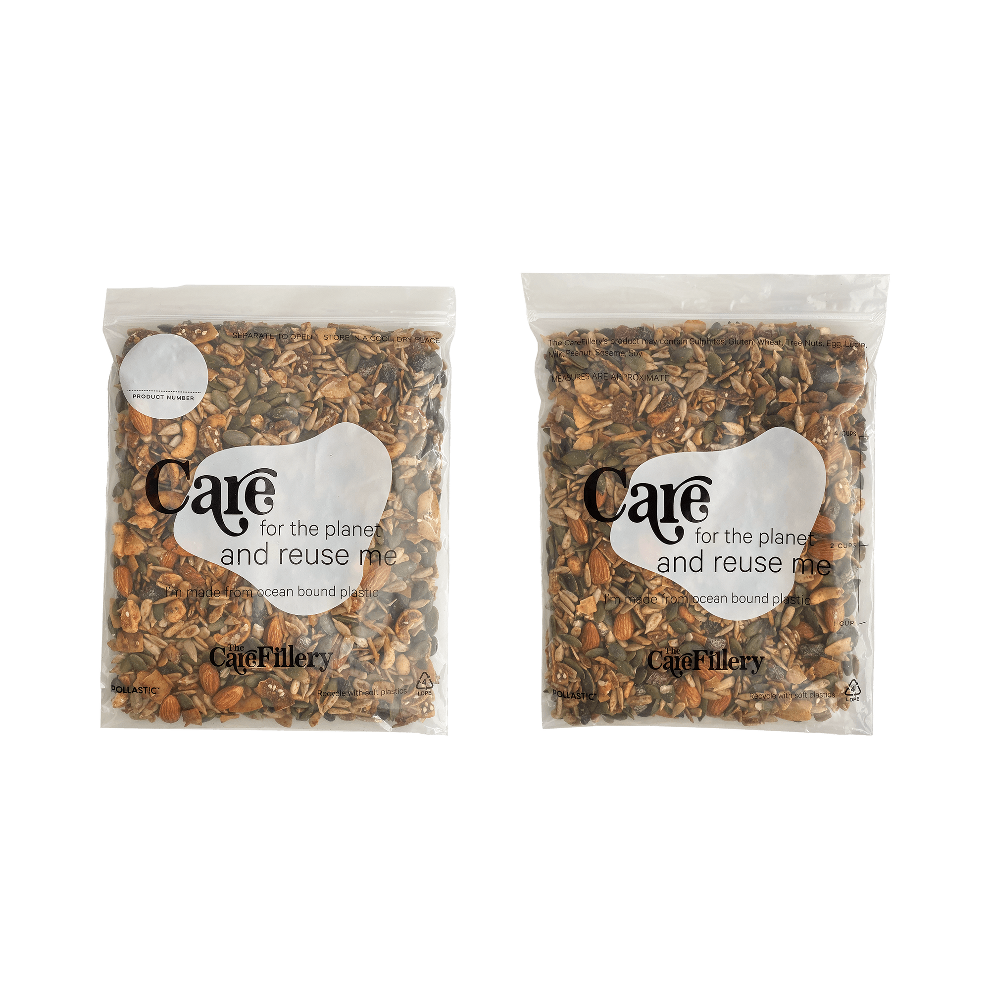 The Care Fillery custom branded Better Packaging POLLAST!C zip lock bags containing nuts on a transparent background