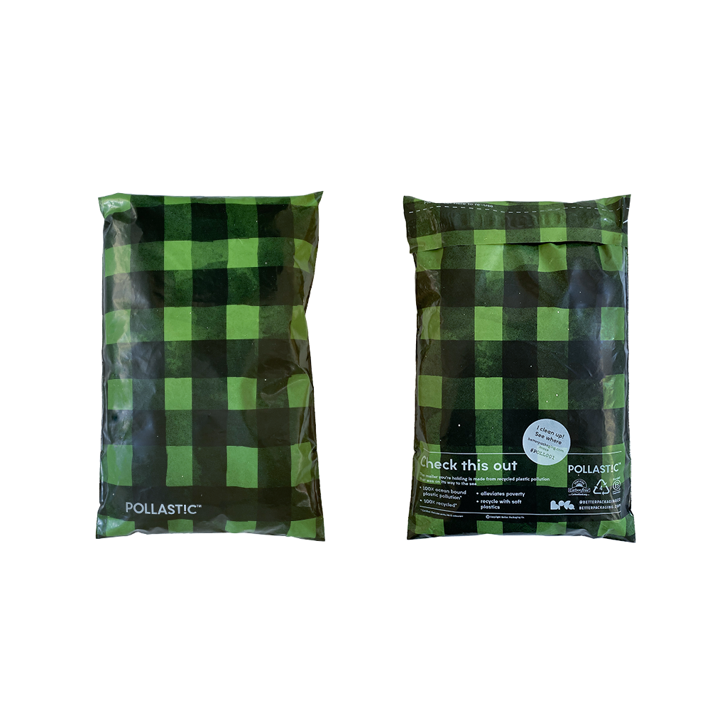 Front and back of green plaid printed Better Pacakging POLLAST!C mailers on a transparent background