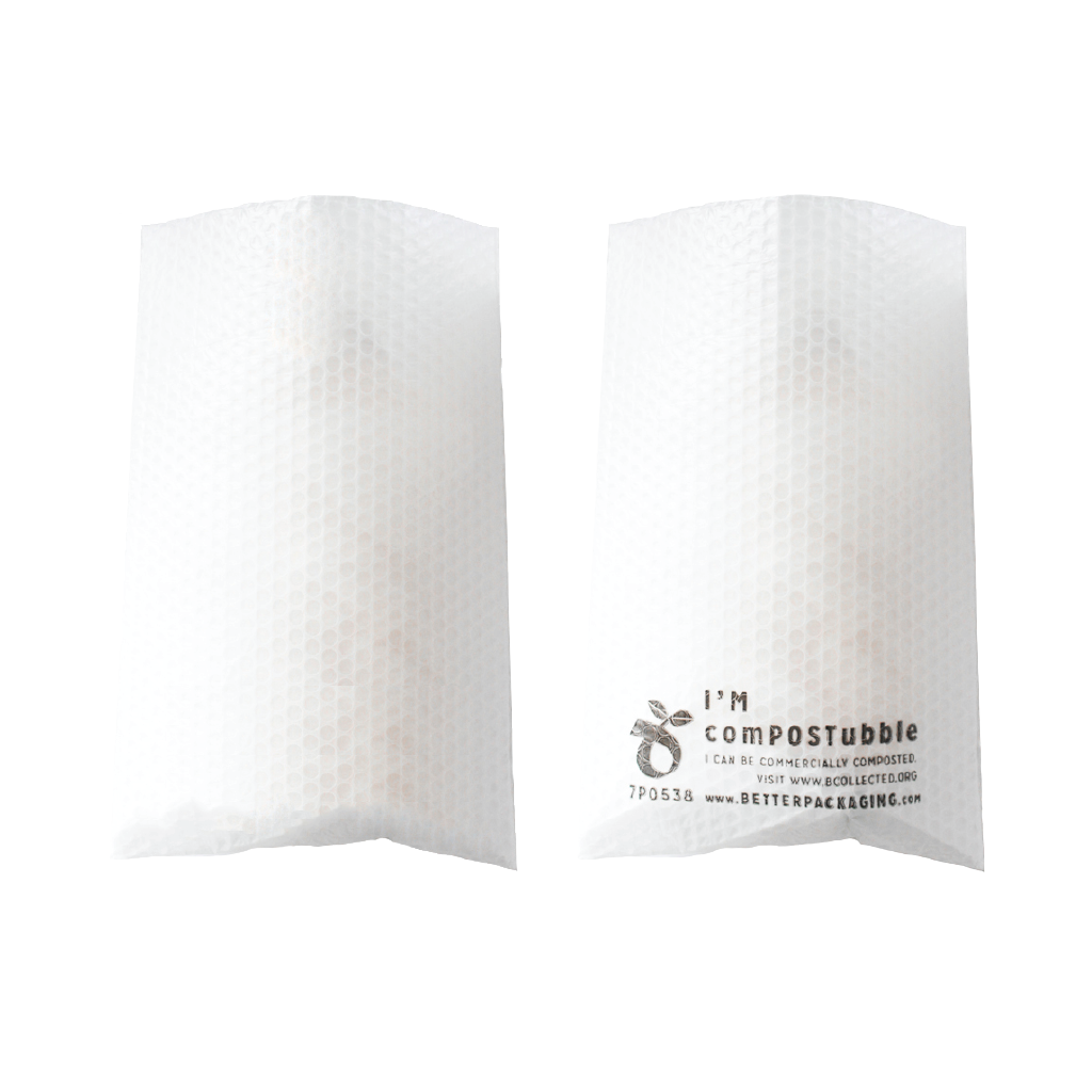 Front and back of Better Packaging compostable pocket sleeves on a transparent background